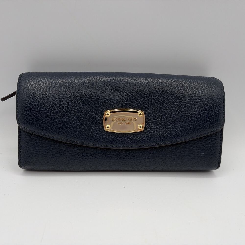 Michael Kors Slim Flap Wallet Navy Blue Peddled Leather Gold Logo
